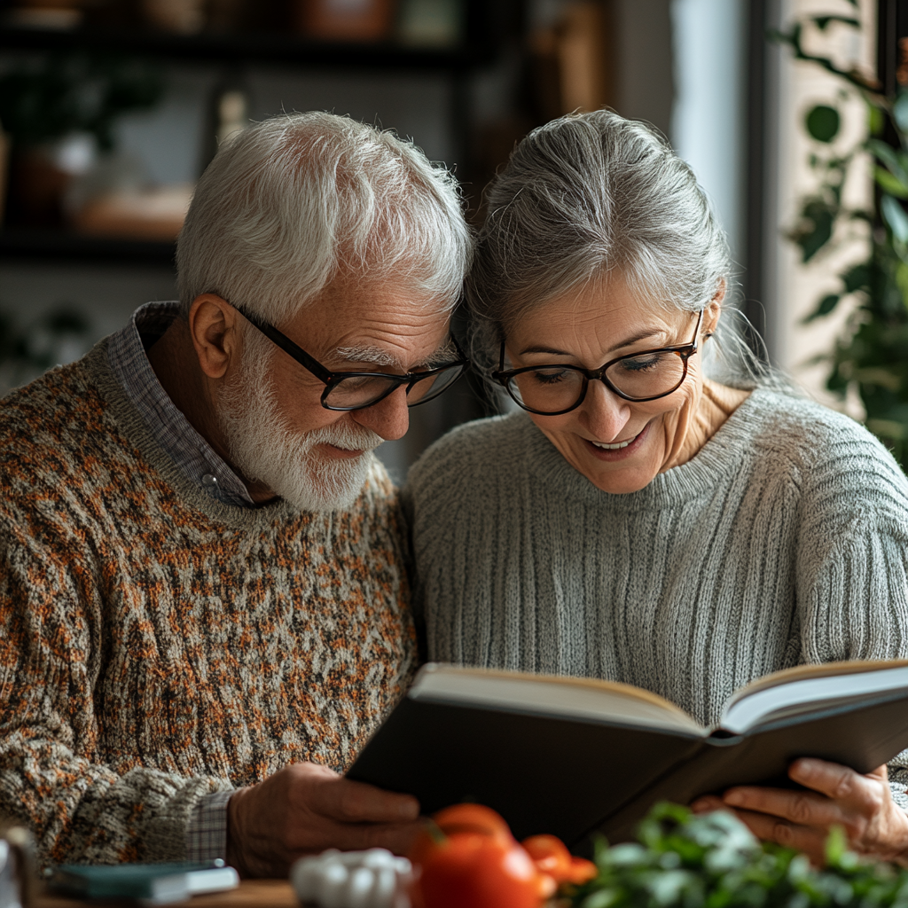Щаслива літня пара готує здорову їжу на кухні